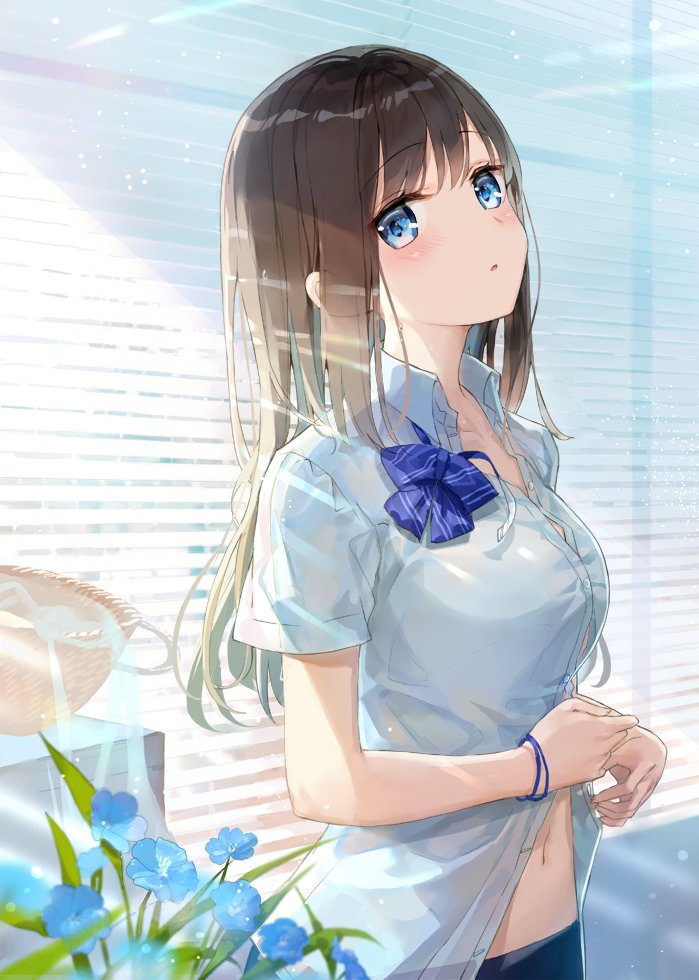 Anime girl with long brown hair and blue eyes stands near a window, wearing a white shirt adorned with a blue flower accessory, surrounded by soft natural light and blue flowers.