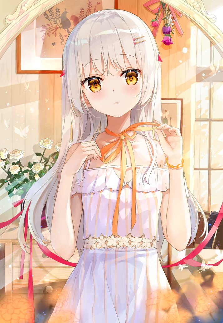 Anime girl with long white hair and bright amber eyes, adjusting an orange ribbon around her neck in a softly lit, flower-adorned room.