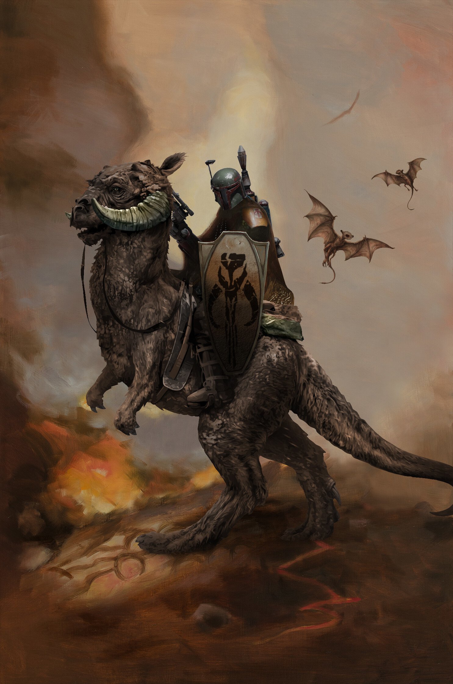 Boba Fett rides a tauntaun across a smoky alien wasteland as winged creatures circle — a sci-fi Star Wars tableau.