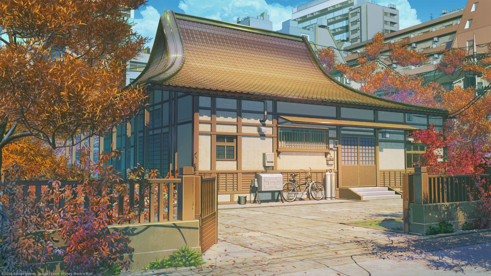 Anime-style traditional Japanese house with curved tiled roof, autumn foliage, bicycle by the entrance and modern buildings in the background.
