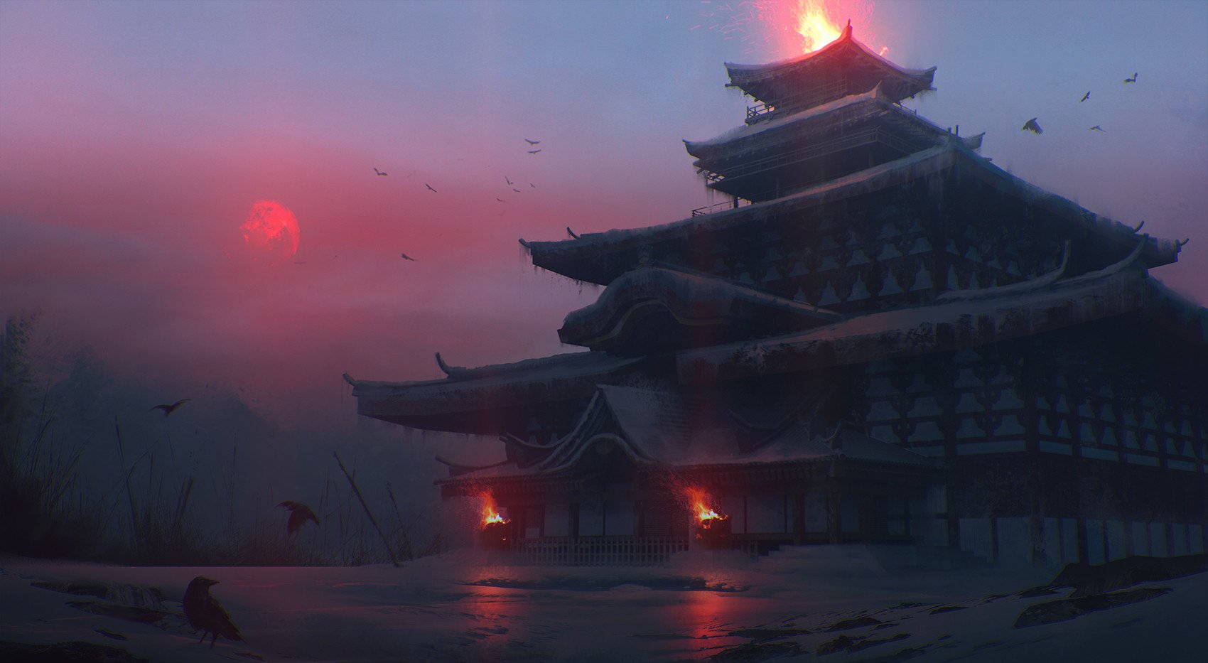 A dark fantasy castle with pagoda-style architecture glows with fiery lights under a blood-red moon in a misty, eerie landscape.