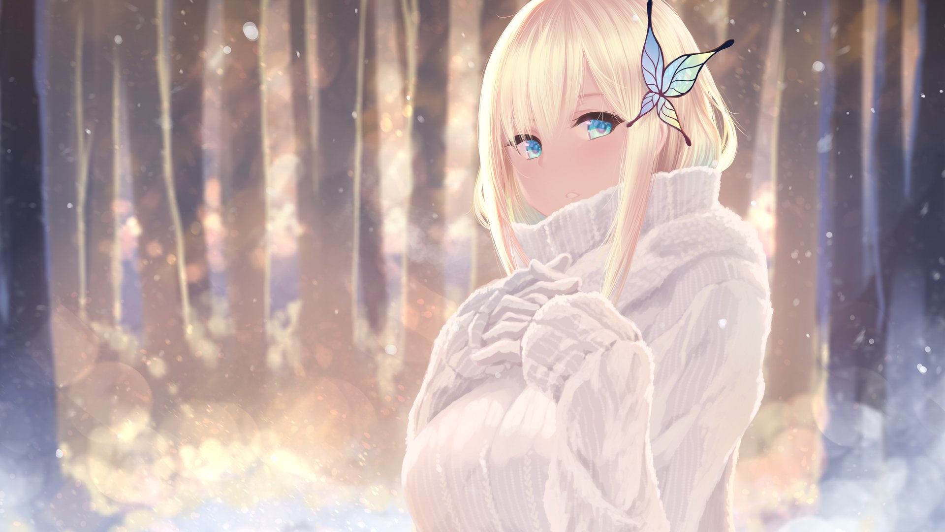 Sena Kashiwazaki from the anime Boku Wa Tomodachi Ga Sukunai stands in a snowy forest, wearing a cozy white sweater with a butterfly in her blonde hair.