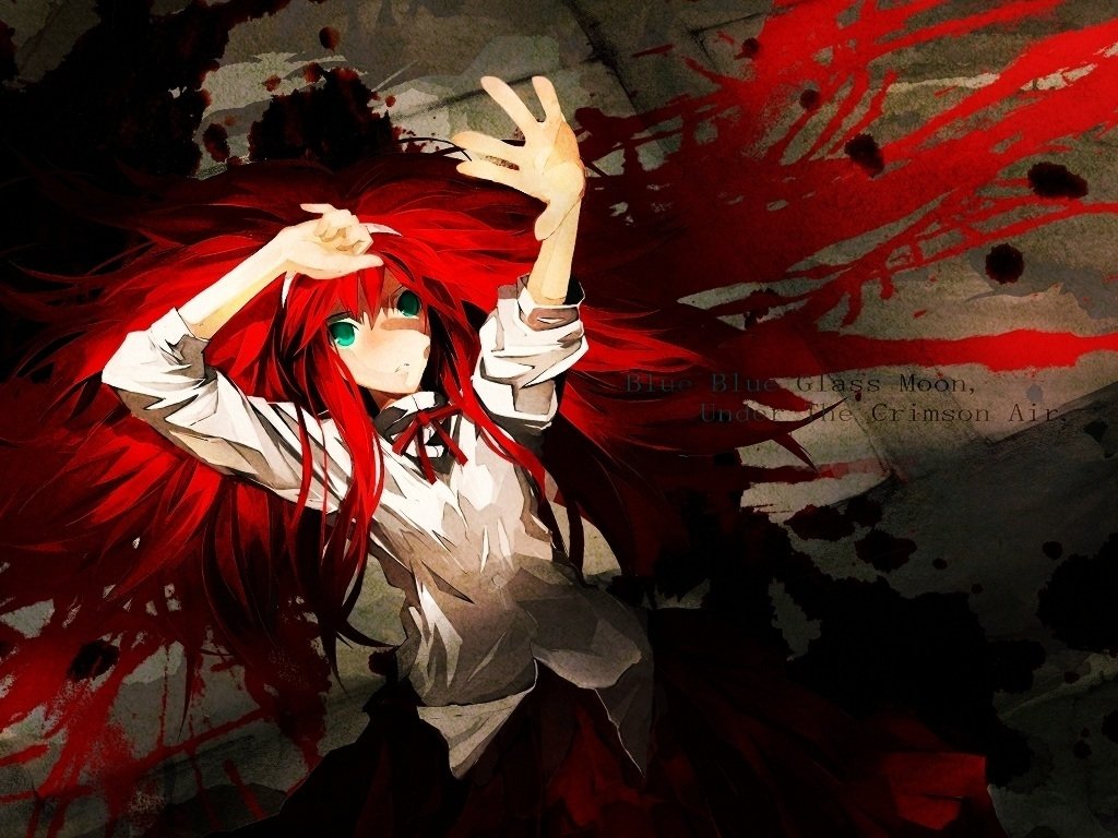 Artwork of a character with long red hair and glowing green eyes from the video game Melty Blood, set against a dark, blood-splattered background.