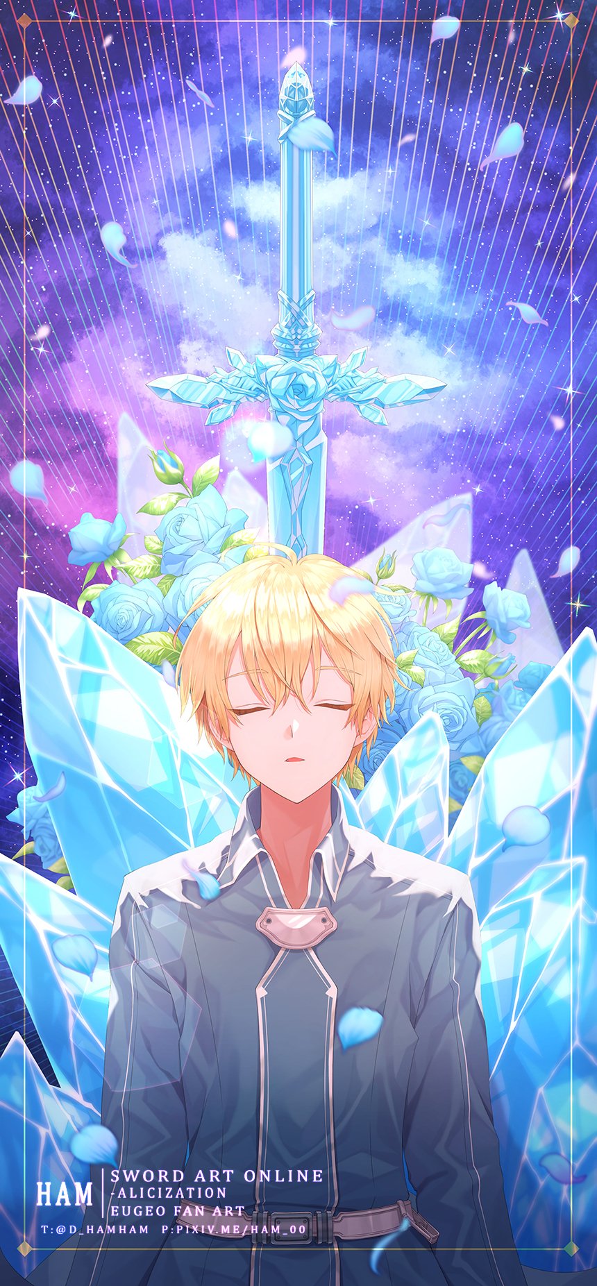 Anime-style image of Eugeo from Sword Art Online: Alicization with closed eyes, standing before the iconic Blue Rose Sword surrounded by blue roses and crystal-like formations.