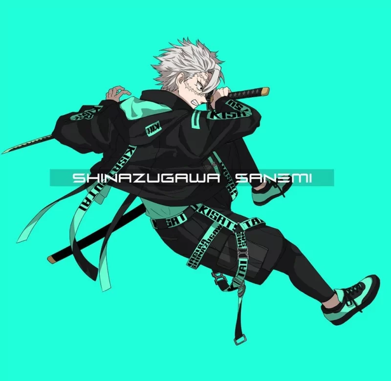 Sanemi Shinazugawa from Demon Slayer: Kimetsu no Yaiba in dynamic pose, wielding swords with a turquoise background in anime style.