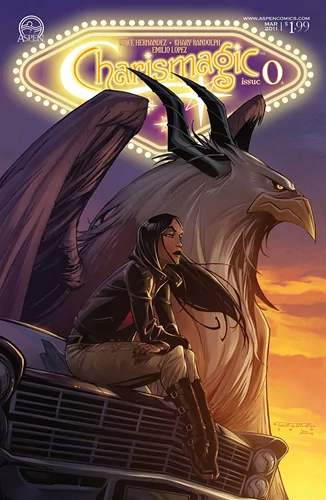 A striking cover of the comic Charismagic, featuring a woman seated on a classic car alongside a majestic griffin against a vibrant sunset backdrop.