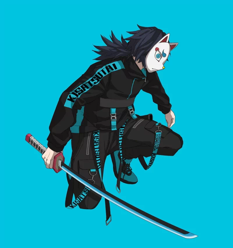 Anime character from Demon Slayer: Kimetsu no Yaiba crouches holding a katana, wearing a fox mask and black outfit with blue lettering against a bright blue background.
