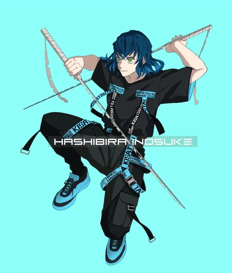 Inosuke Hashibira (Demon Slayer: Kimetsu no Yaiba) in black streetwear, blue hair, wielding dual swords with straps, captured in a dynamic mid-air pose against a bright turquoise background.