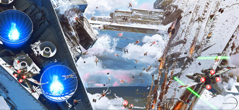 Star Wars sci-fi battle: X-wings weave through laser fire around a massive Star Destroyer’s exposed hull as TIE fighters swarm in a cloudy sky.