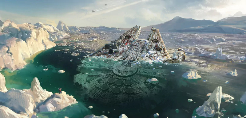 The Millennium Falcon partially submerged in icy waters, surrounded by vast ice formations, set against a dramatic sci-fi Star Wars landscape.
