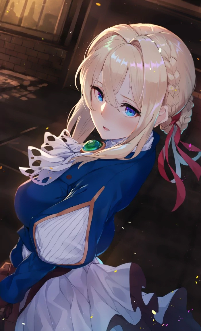 Anime-style illustration of Violet Evergarden with blonde braided hair, striking blue eyes, and a detailed blue and white outfit, set against a dimly lit background.