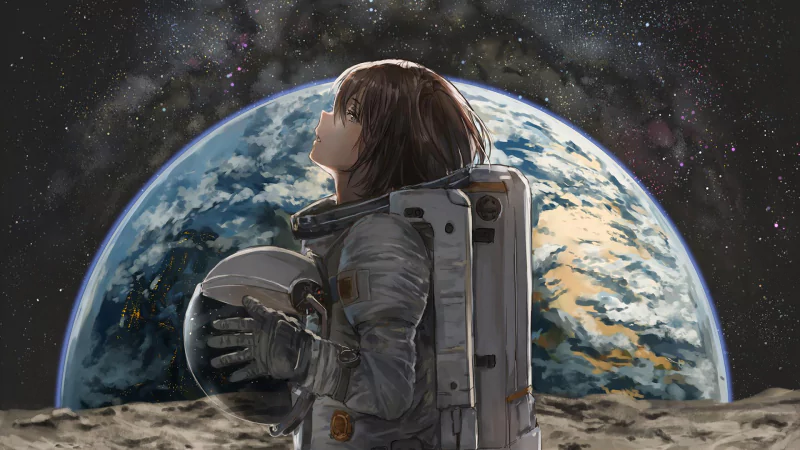 Anime girl cosmonaut with grey eyes stands on the moon, holding her helmet, with Earth and stars visible in the space background.
