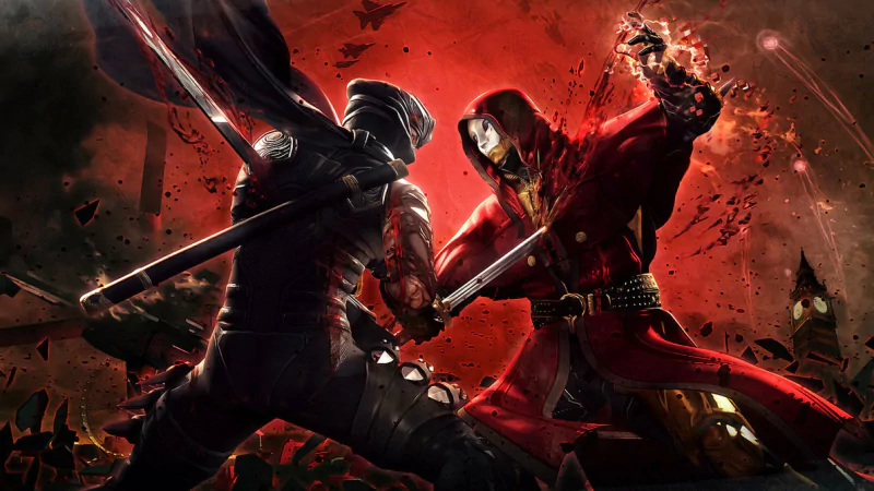 A dynamic fantasy battle scene featuring two warriors engaged in a dramatic swordfight, set against a fiery, chaotic backdrop filled with sparks and energy.