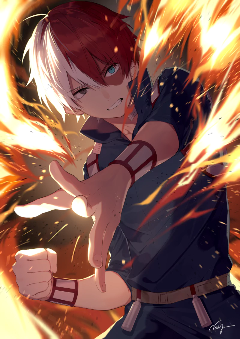 Shoto Todoroki from My Hero Academia unleashes fire with intense focus, his blue eyes contrasting against his red and white hair in this dynamic anime illustration.