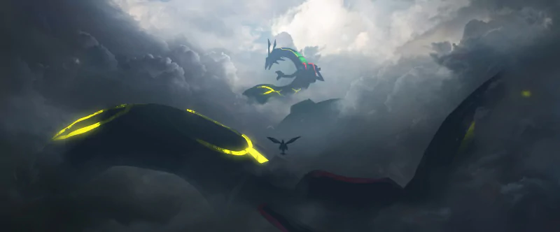 Rayquaza (Pokémon) coils through storm clouds, its glowing green markings visible as dark serpentine shapes while smaller flyers circle — Pokémon video game art