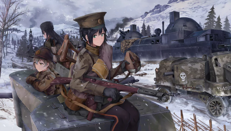 Anime-style warriors dressed in military uniforms are positioned on armored vehicles in a snowy battlefield with mountains and bare trees in the background.