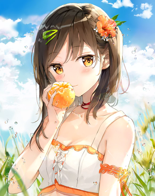 Anime girl with brown hair and orange flower accessories eating a juicy orange, standing in a sunny field under a bright blue sky with fluffy clouds.