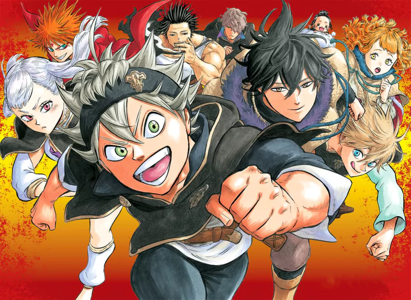 A dynamic scene featuring characters from Black Clover, including Yami Sukehiro, Noelle Silva, Yuno, and Asta, all charging forward with determination against a vibrant red background.