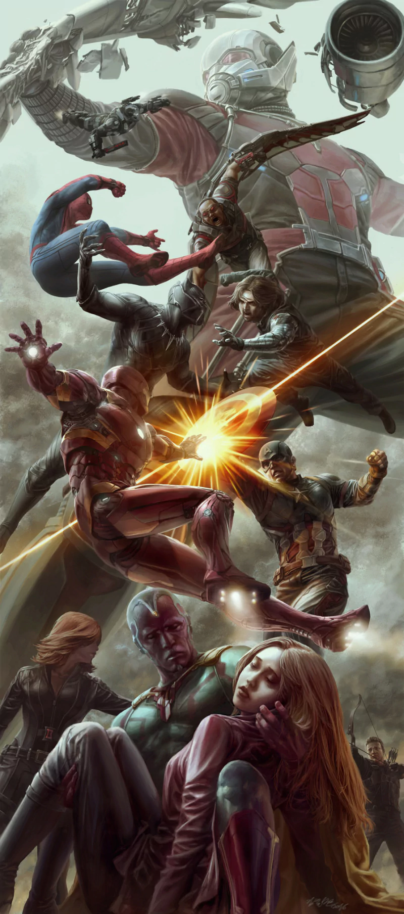 War Machine Clint Barton Hawkeye Scarlet Witch Vision (Marvel Comics) Black Widow Peter Parker Winter Soldier Scott Lang Captain America Falcon (Marvel Comics) Iron Man spider man Giant-Man movie Captain America: Civil War Image