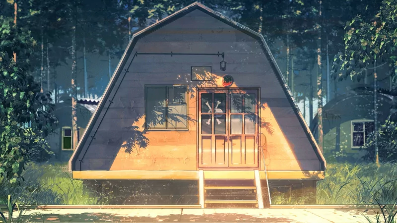 Original anime summer scene: sunlit A-frame house with wooden steps set in a quiet forest, warm light and dappled shadows.