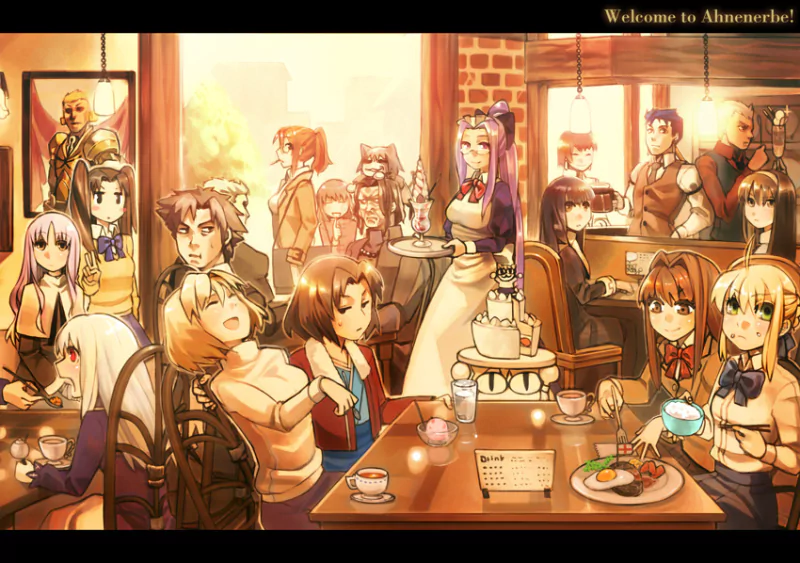 A vibrant cafe scene featuring characters from the video game Melty Blood, gathered around tables enjoying tea and desserts in a warm, lively atmosphere.