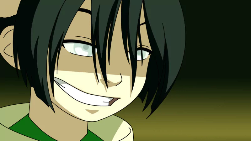 Anime-style close-up of a smirking character from Avatar: The Last Airbender with dark hair and pale eyes against a muted background.