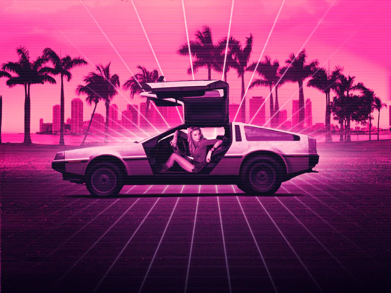 A retrowave-style artwork featuring Amber Heard sitting in a DeLorean car with its gull-wing door open, set against a neon pink Hotline Miami-inspired cityscape with palm trees.