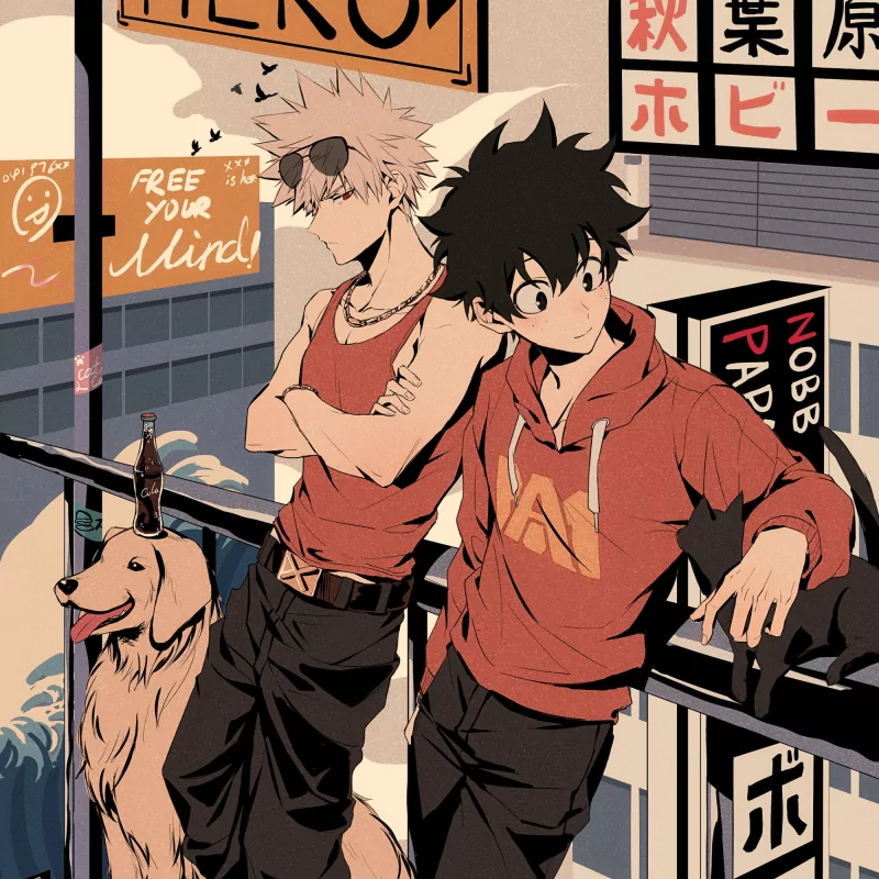 Izuku Midoriya and Katsuki Bakugou from the anime My Hero Academia lean on a neon-lit city railing at night, wearing casual hoodies — Bakugou in shades and a dog at their feet.