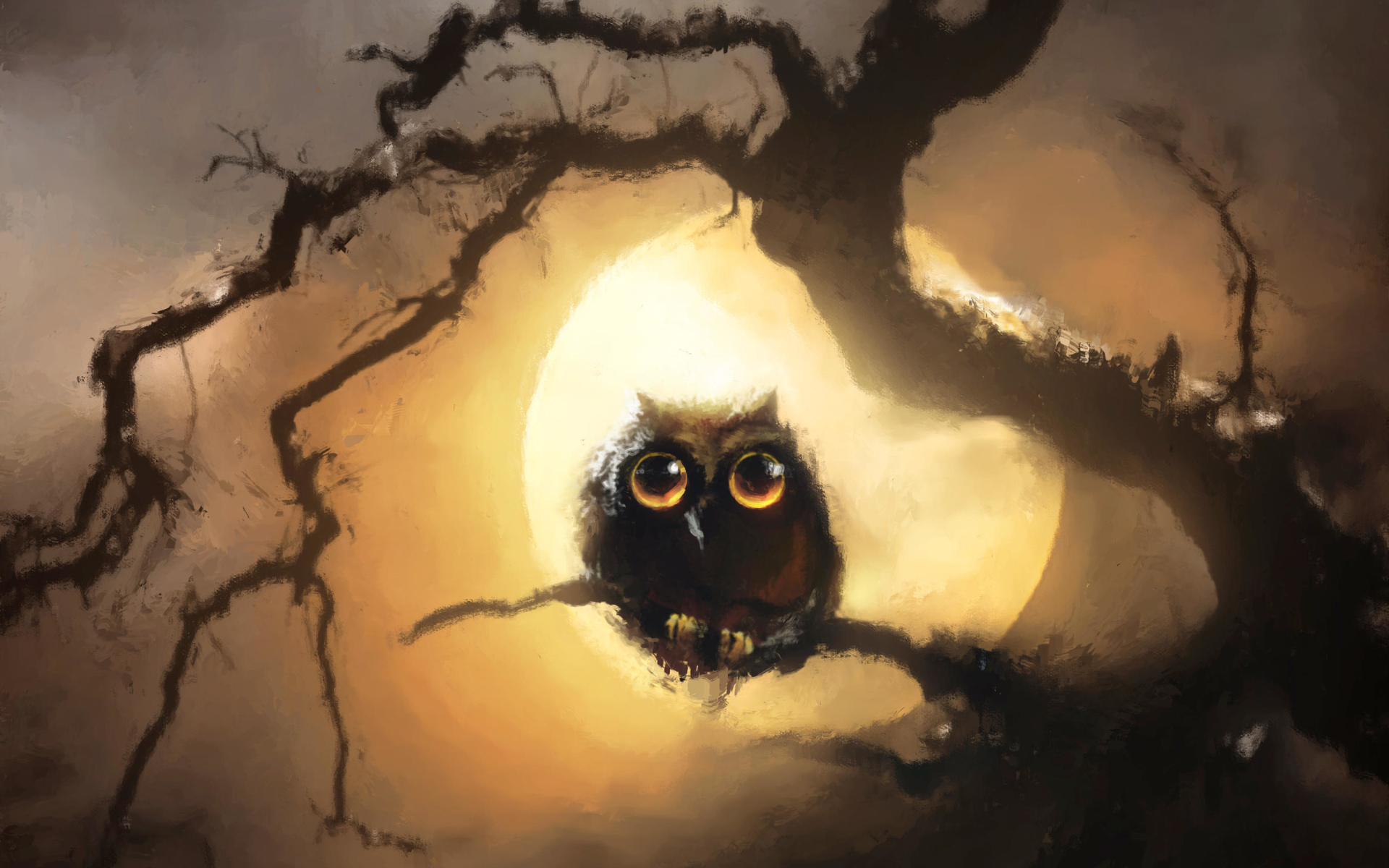 Owl on Branch on Full Moon Night by TavenerScholar