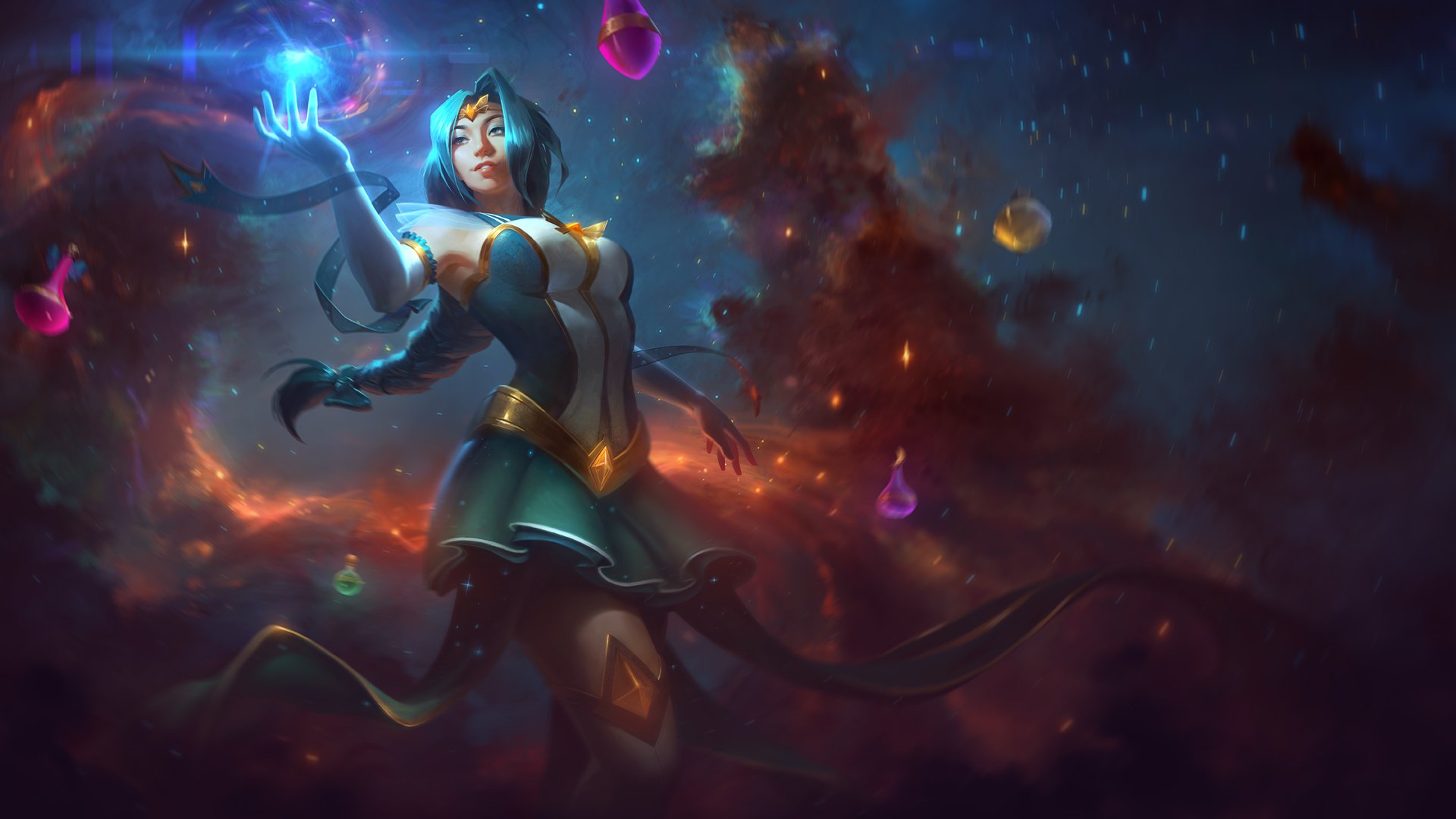 Download Dress Magic Blue Hair Braid (Video Game) Space Sorceress Video Game Smite Art