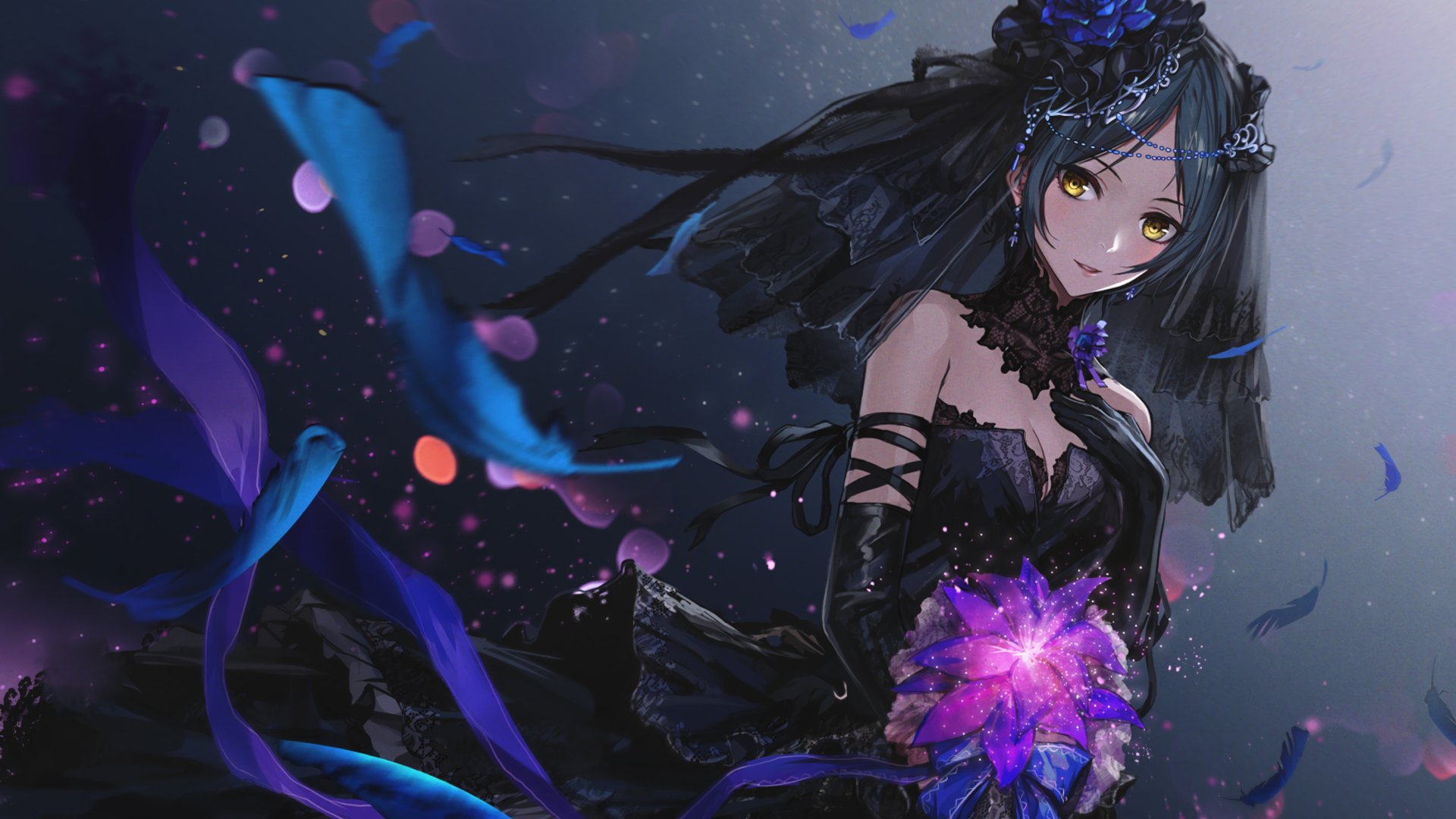 Anime (The iDOLM@STER Cinderella Girls): dark-haired idol in a gothic black gown and veil, yellow eyes, holding a glowing purple flower as petals and ribbons swirl around her.