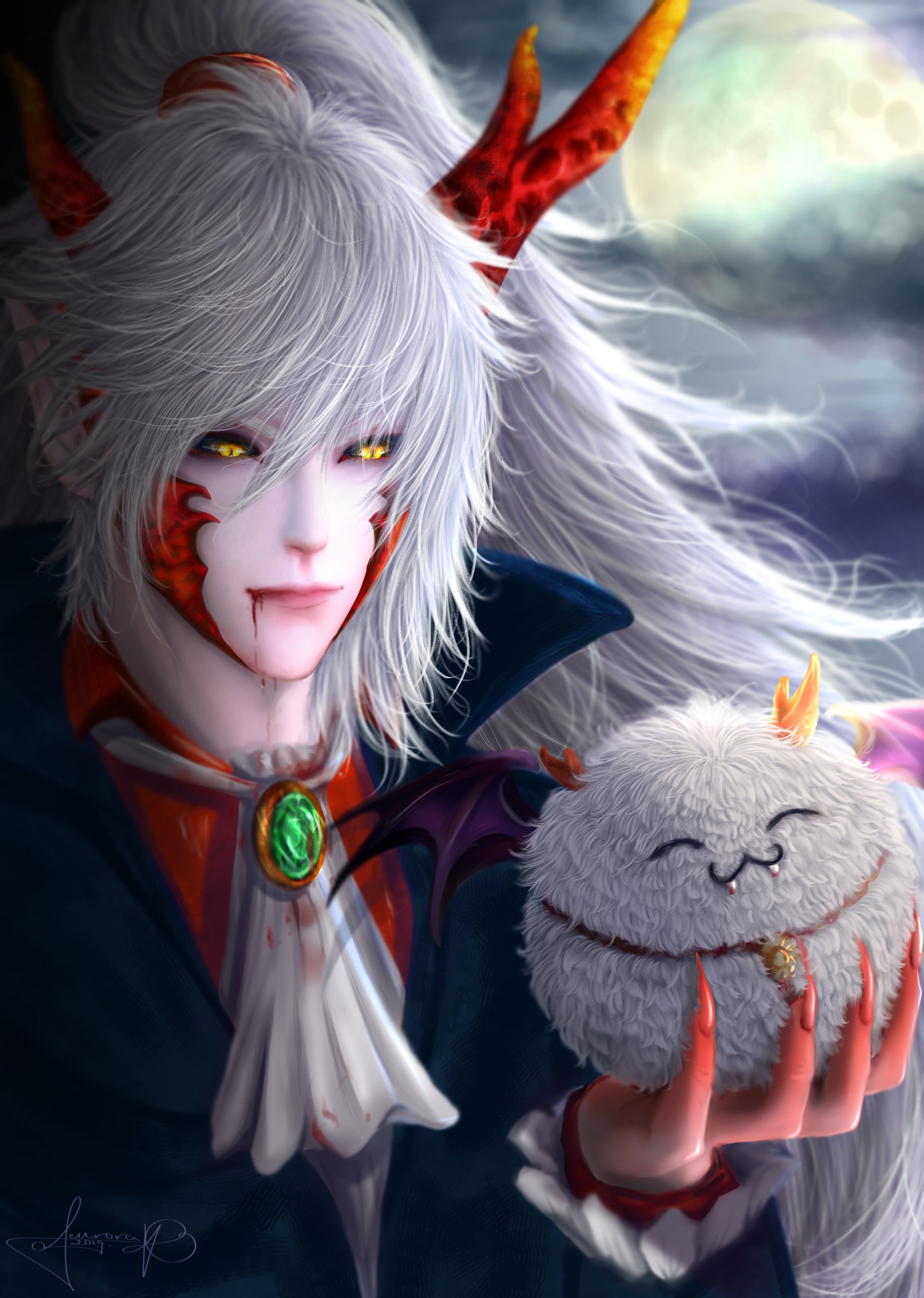 Ibaraki Dōji (Onmyoji) in anime style: white‑haired, horned oni with yellow eyes and red markings holds a smiling fluffy spirit beneath a glowing full moon.