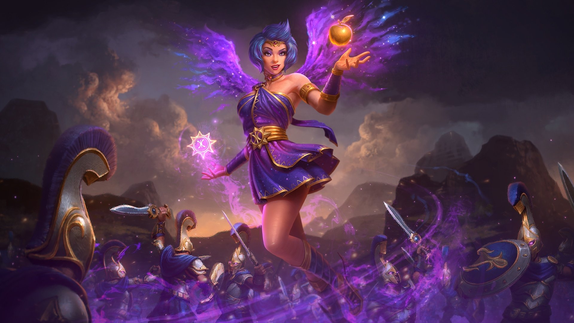 Discordia from Smite wields magic, dressed in a blue outfit with short blue hair, hovering above armored knights in a mystical battle scene.