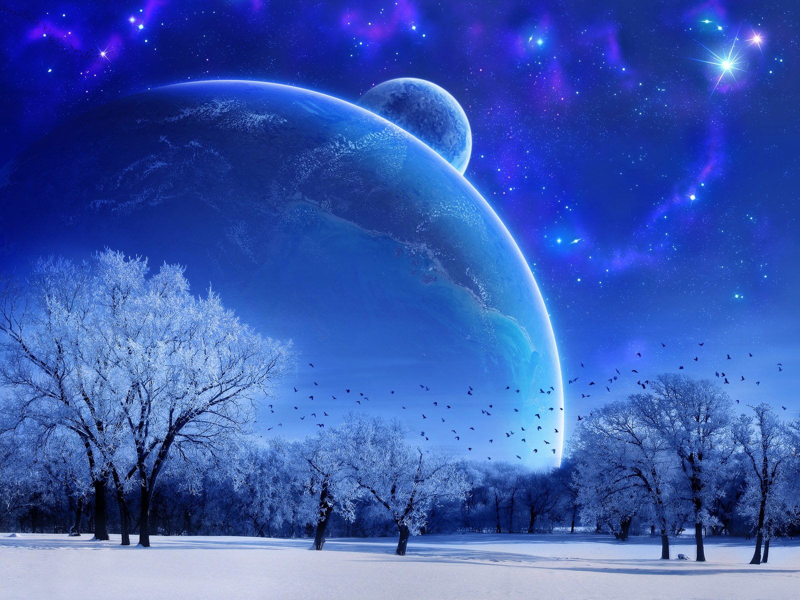 A snowy landscape with leafless trees under a vibrant sci-fi night sky featuring two large planets and glowing stars.