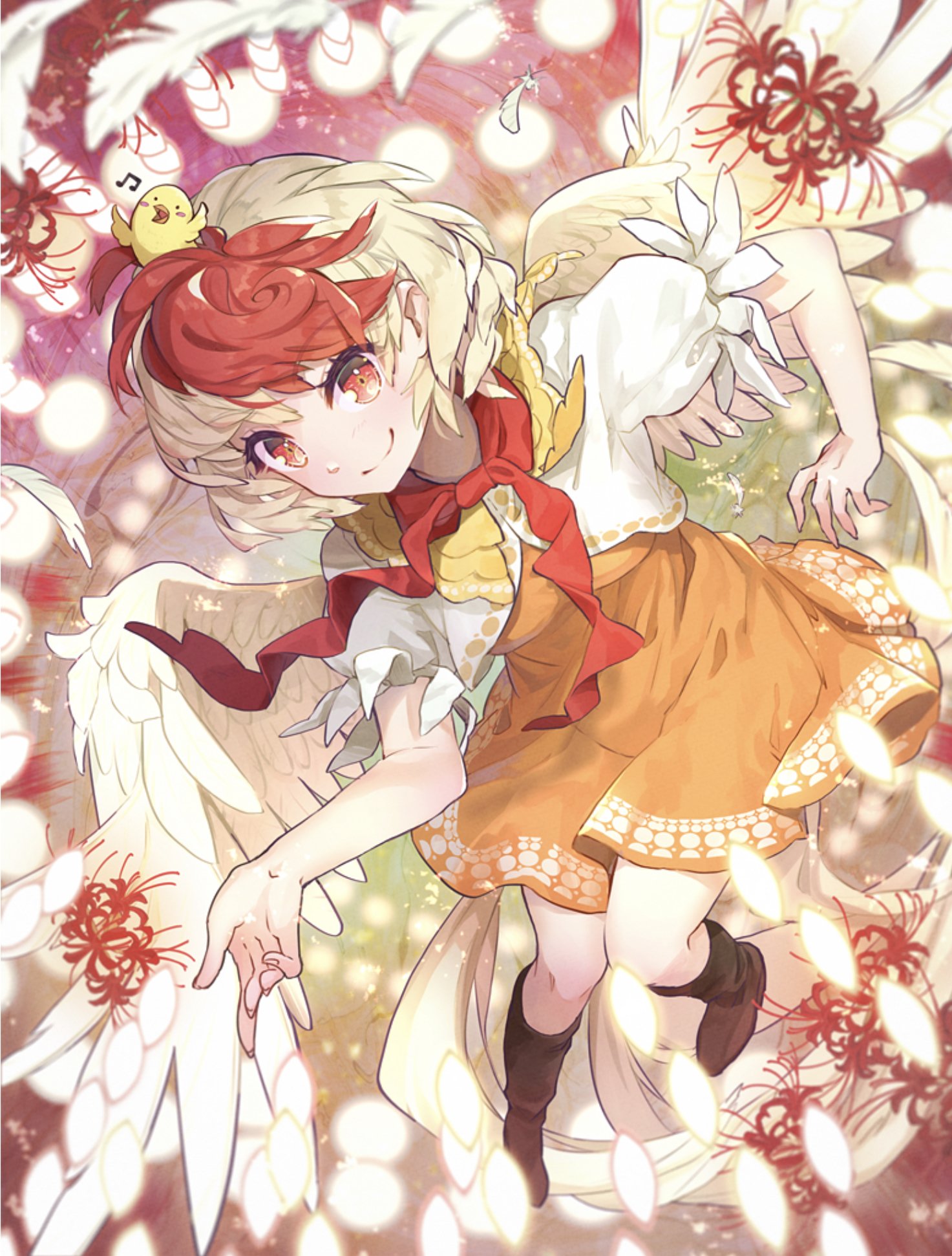 Niwatari Kutaka from Touhou, anime-style, short red-and-blonde hair, small wings and feathers, orange dress, a chick on her head and chicken motifs around her.