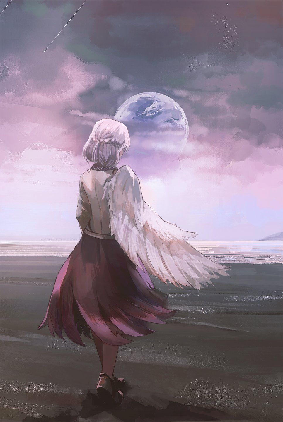 Download Wings White Hair Short Hair Beach Earth Sagume Kishin Anime Touhou Anime Beach Art