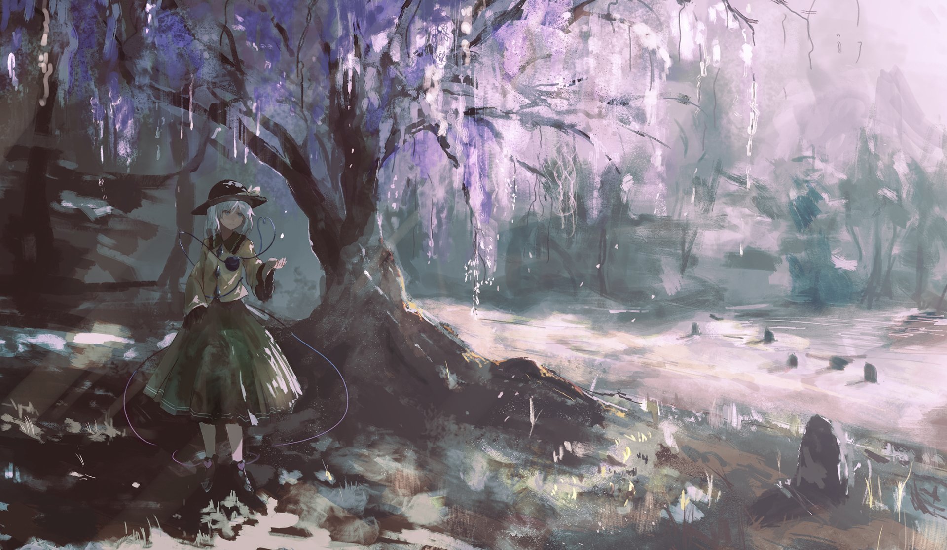 Painterly scene of Koishi Komeiji (Touhou), anime-style; short hair and a small hat as she stands beneath a weeping tree in a misty, dreamlike forest.
