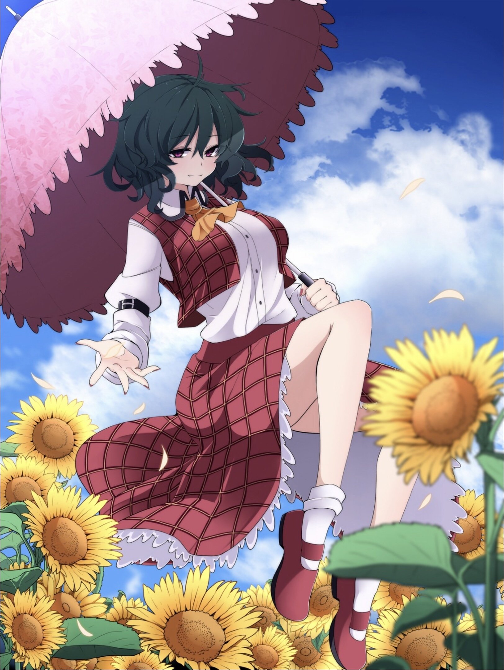 Anime-style illustration of Yuuka Kazami from Touhou, wearing a red dress and holding a pink umbrella while surrounded by blooming sunflowers under a bright blue sky.
