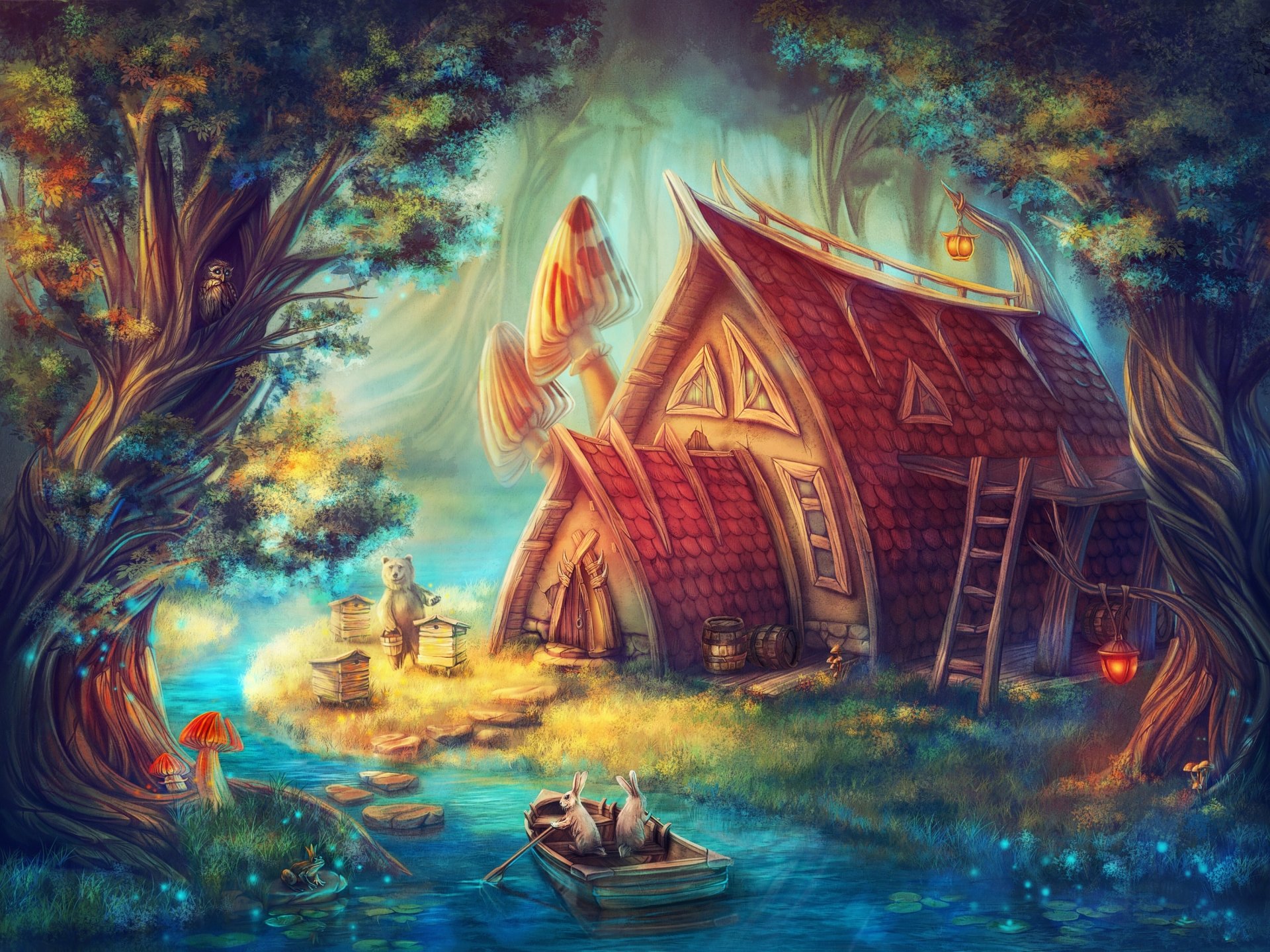 Download River Boat Fantasy Forest Art