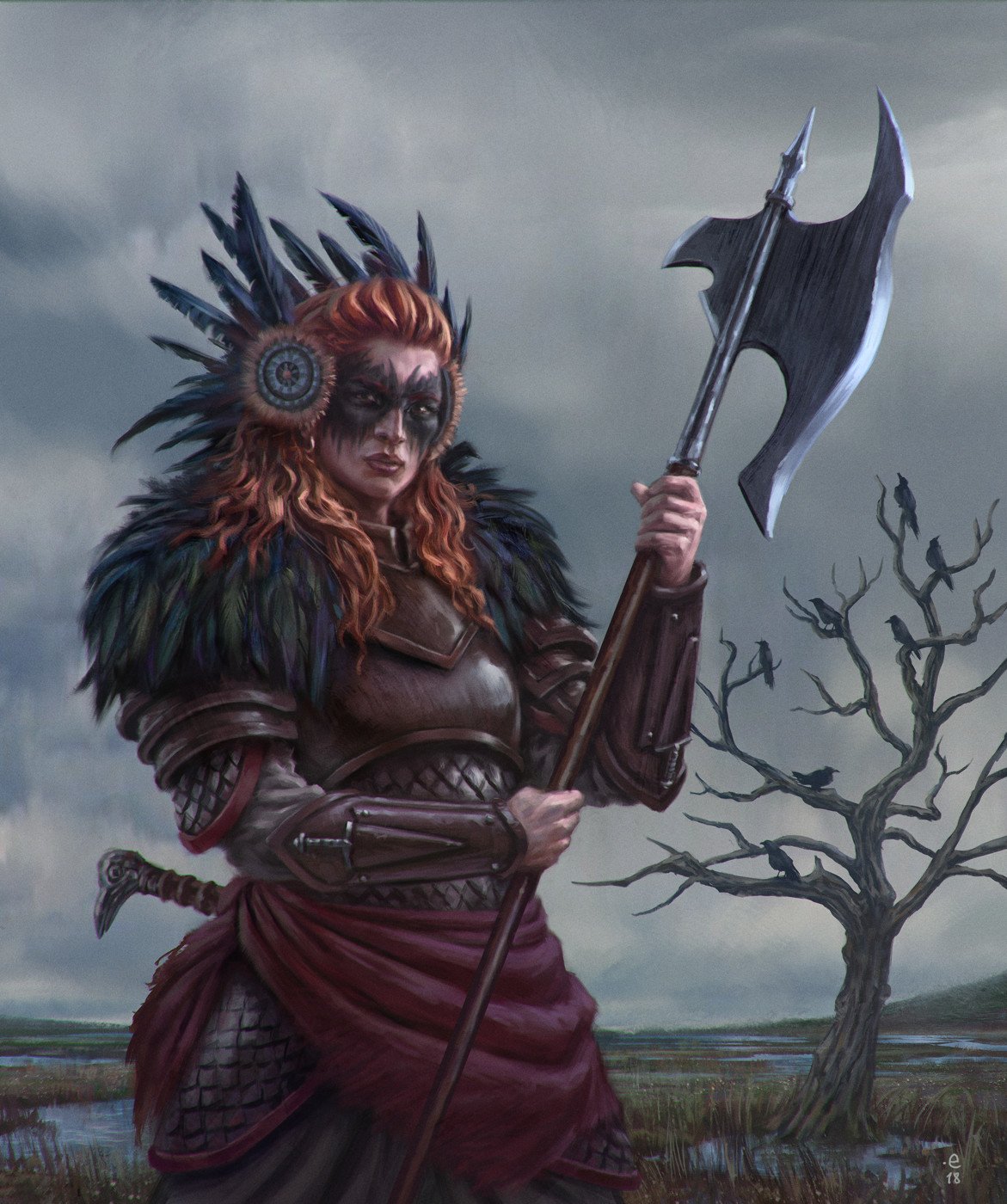 Download Feather Axe Fantasy Woman Warrior Art