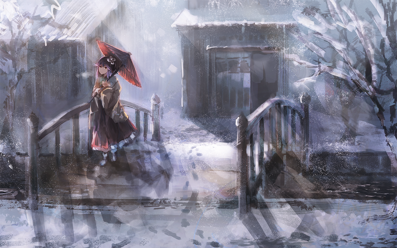 Download Winter Snow Bridge Umbrella Short Hair Purple Hair Hieda No Akyuu Anime Touhou Winter Anime Art