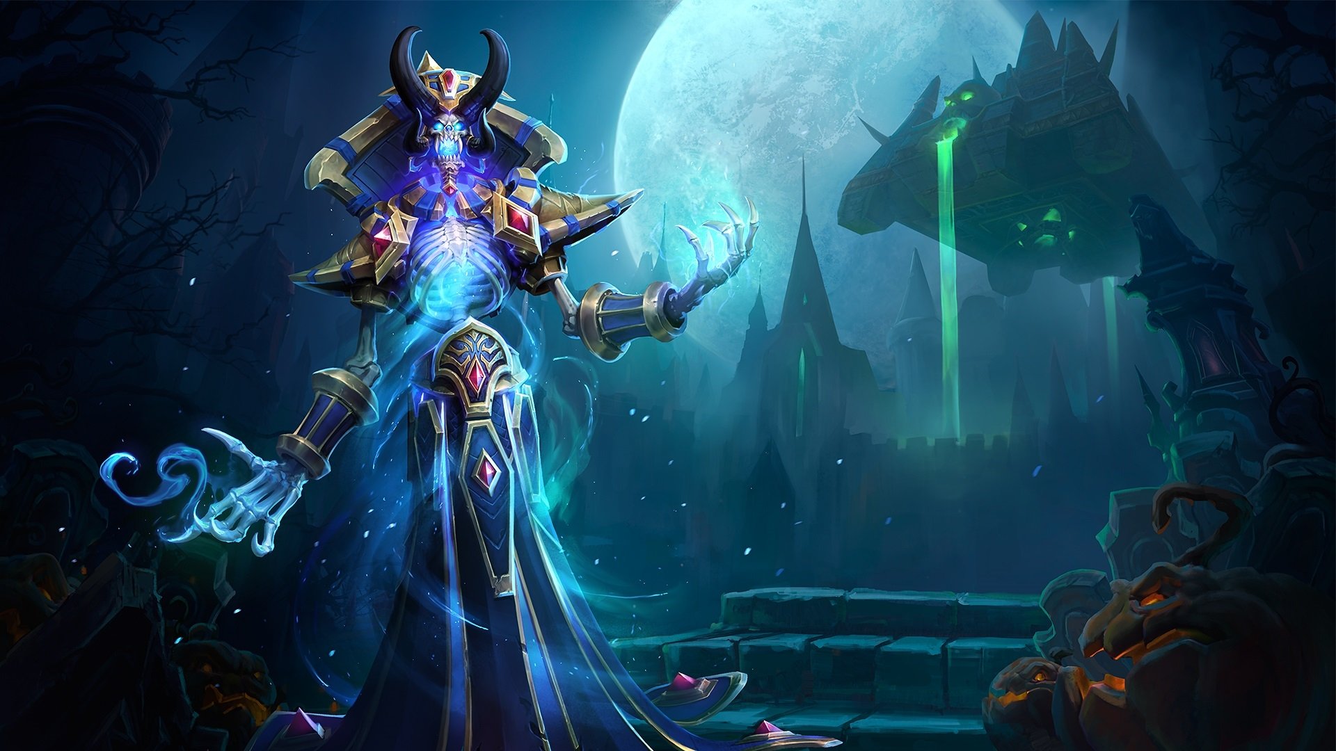 Kel'Thuzad from World of Warcraft stands glowing with arcane energy in a dark, eerie landscape under a full moon, featured in Heroes of the Storm.