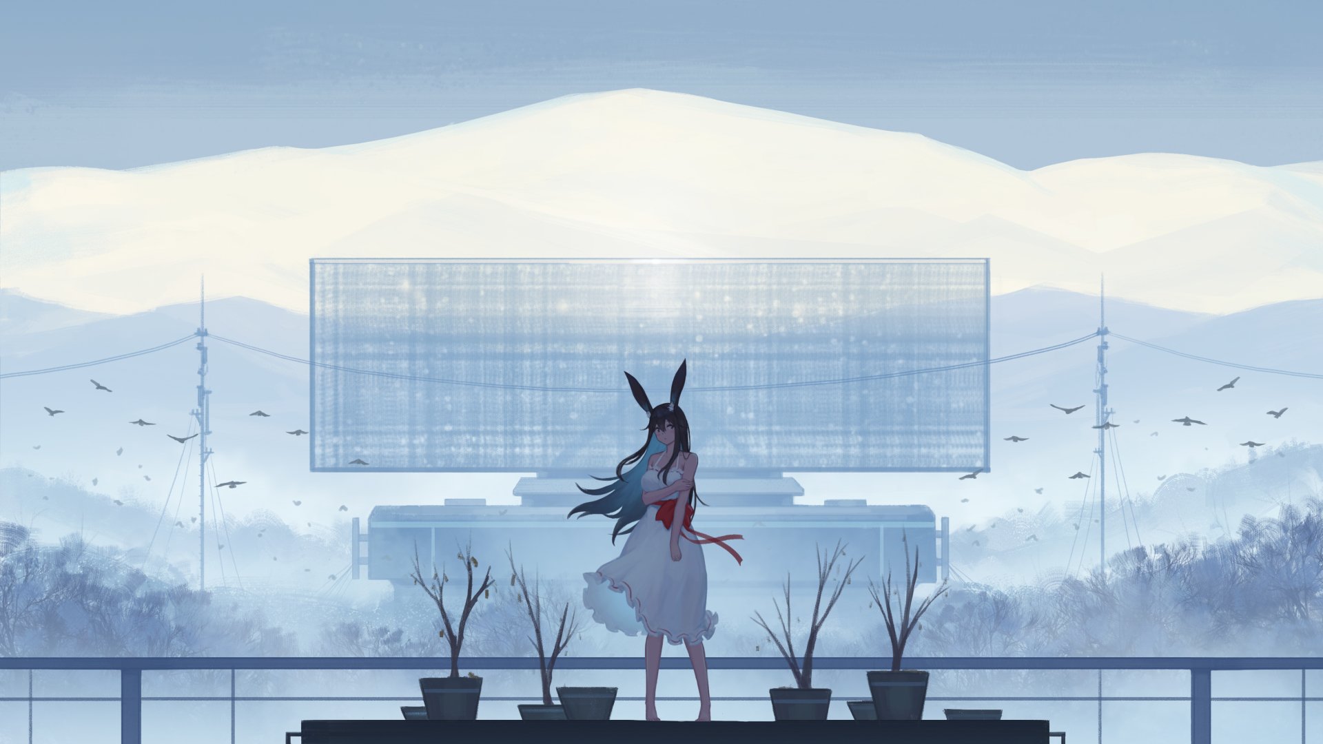 Anime girl with animal ears stands on a rooftop overlooking a serene, snowy landscape with distant mountains and a clear sky.
