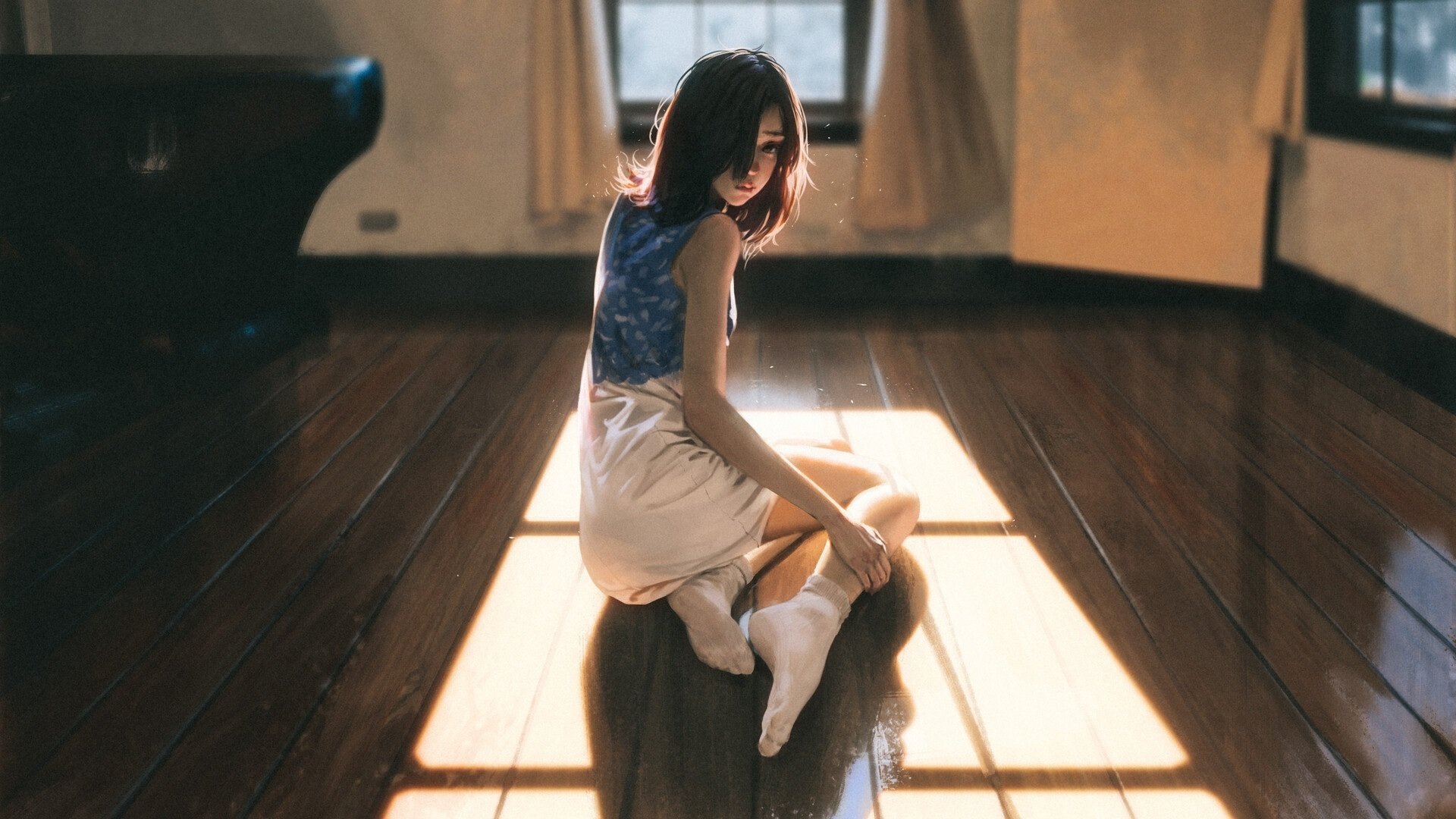 Anime girl sitting on a sunlit wooden floor in a white dress and socks, looking over her shoulder toward a window, warm light casting long shadows.