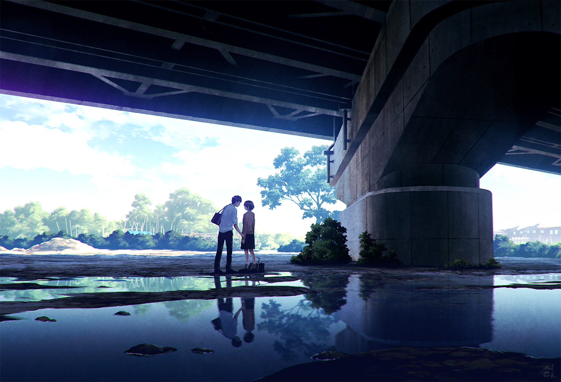 Anime couple stand close together under a large bridge by the water, surrounded by nature and soft sunlight reflecting on the surface.
