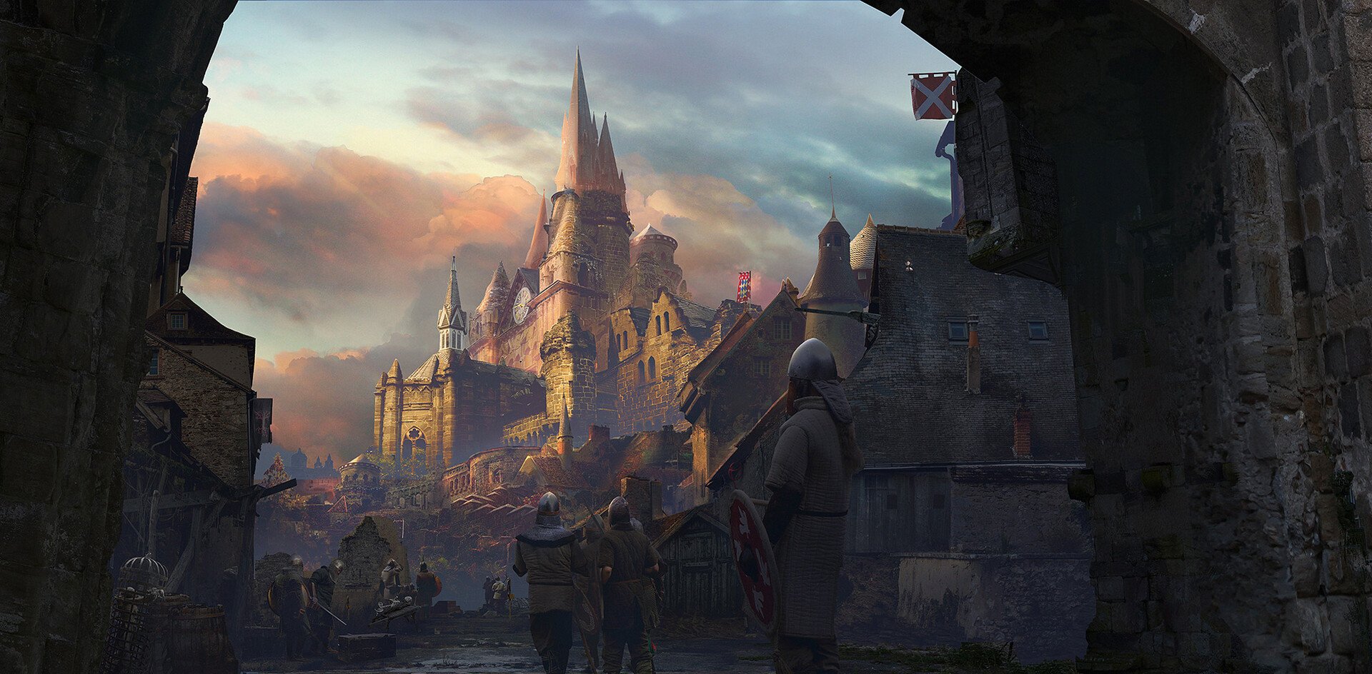 Stone arch frames a sunlit fantasy castle on a hill, turrets overlooking a bustling medieval town with cloaked figures in the shadowed foreground.