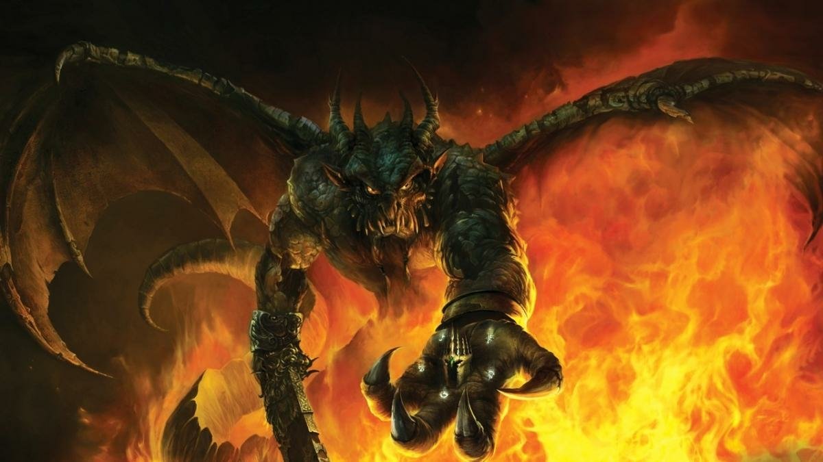Fantasy creature — a horned, bat-winged demon with glowing eyes and outstretched claws emerging from roaring flames.