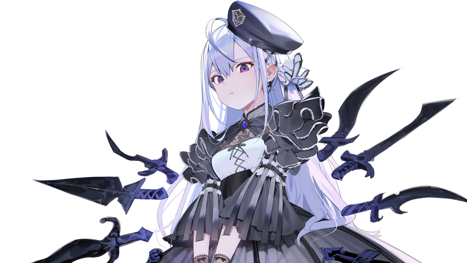 Anime warrior with long white hair, purple eyes, and a black hat stands poised in a detailed dress, surrounded by dark, blade-like weapons and holding a knife.