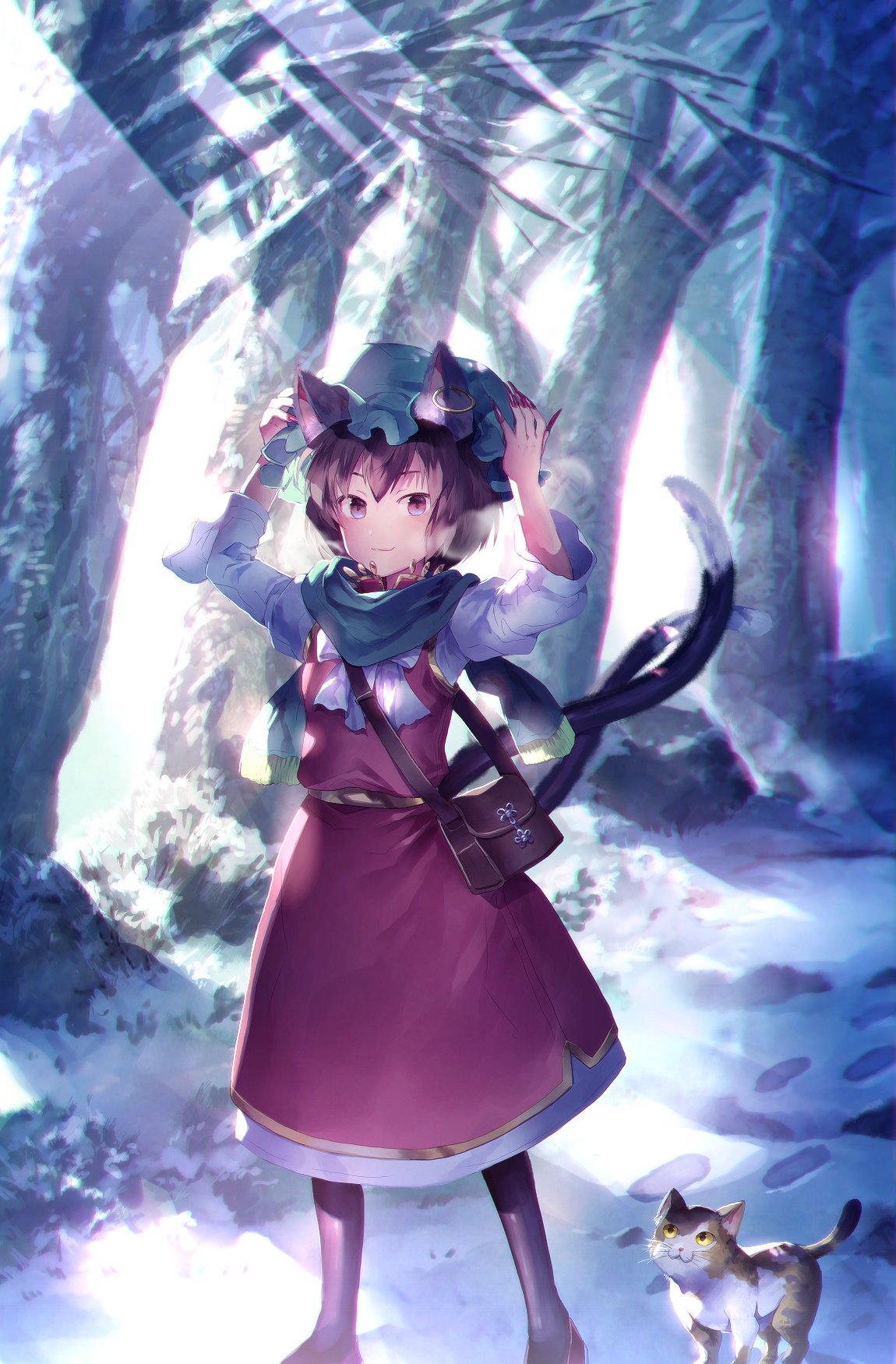 Chen (Touhou): short brown‑haired catgirl in a red dress and scarf, animal ears and tail, adjusting her hat and showing painted nails in a snowy forest with footprints, trees, a satchel, and a small anime cat.