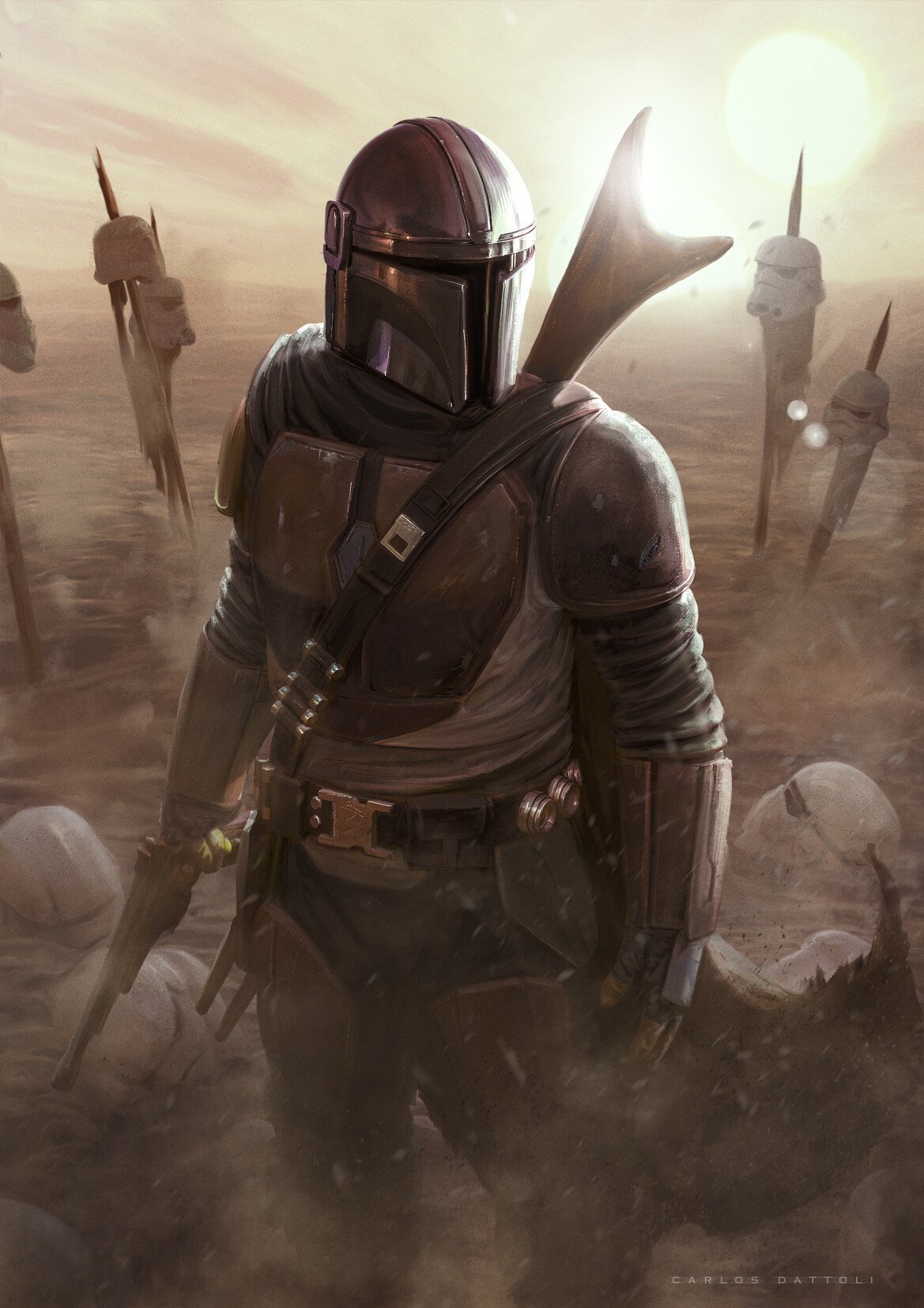 The Mandalorian, clad in beskar armor and helmet, stands amid a dusty battlefield with ominous troop helmets mounted on spikes under a glowing sun.